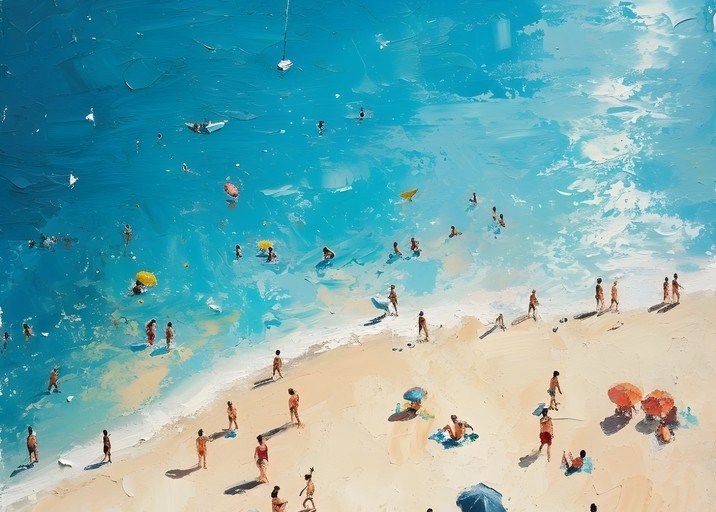Impressionist Beach Scene with People and Boats