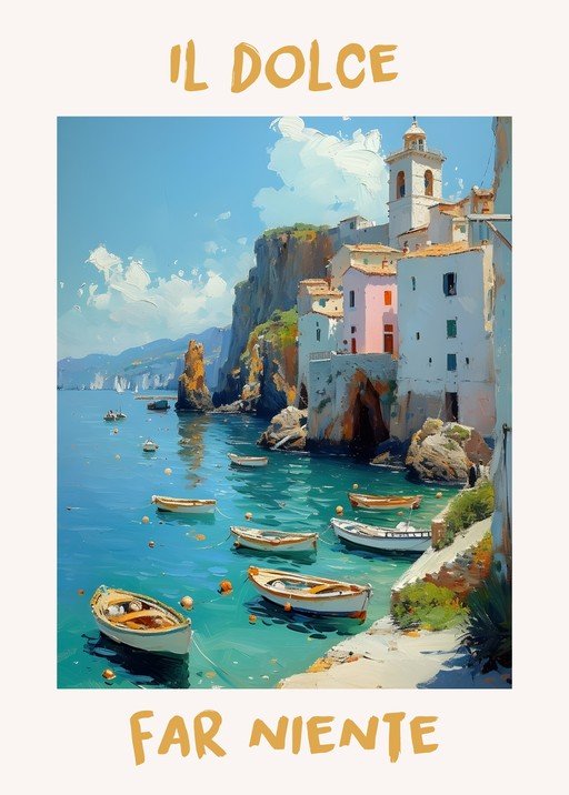 Italian Coastal Village Scene with Boats