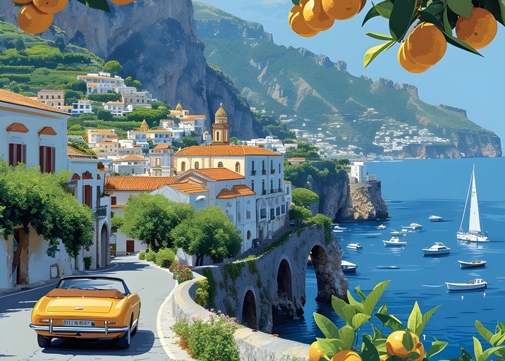 Amalfi Coast Scene with Vintage Car and Sailboat