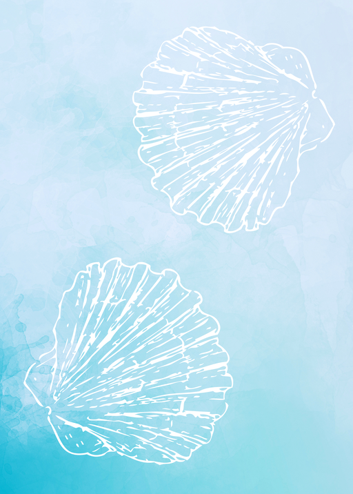 Two White Scallop Shells on a Blue Watercolor Background