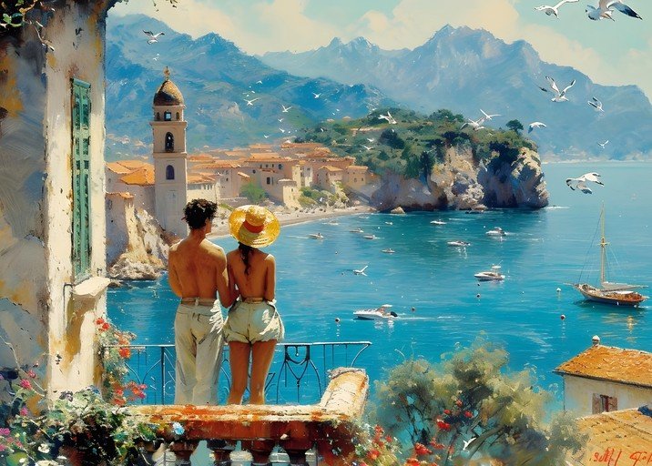 Couple Enjoys Scenic Coastal Town View