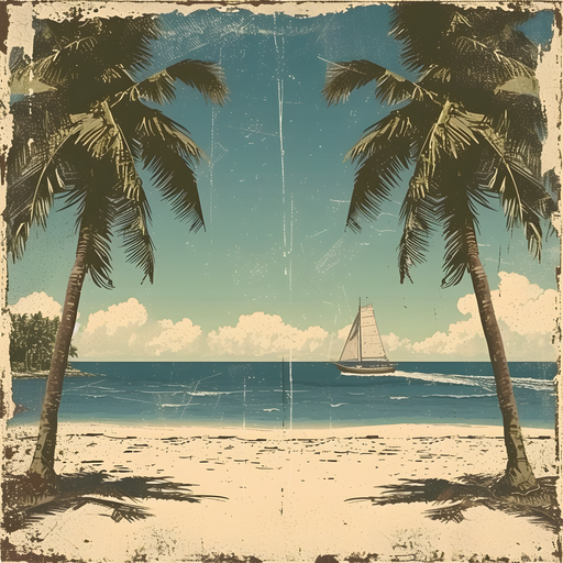 Vintage Tropical Beach Scene with Palm Trees and Sailboat