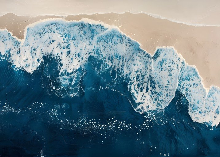 Aerial View of Ocean Waves Crashing on Sandy Beach