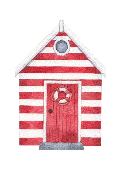 Watercolor Beach Hut with Lifebuoy