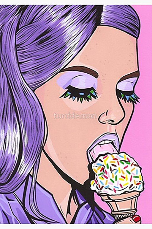 Pop Art Woman with Purple Hair Eating Ice Cream