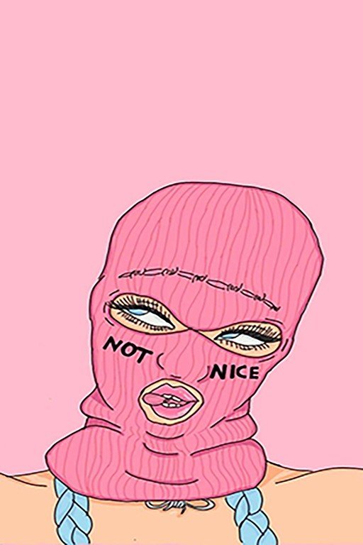 Pink Balaclava Woman with "Not Nice" Tattoo