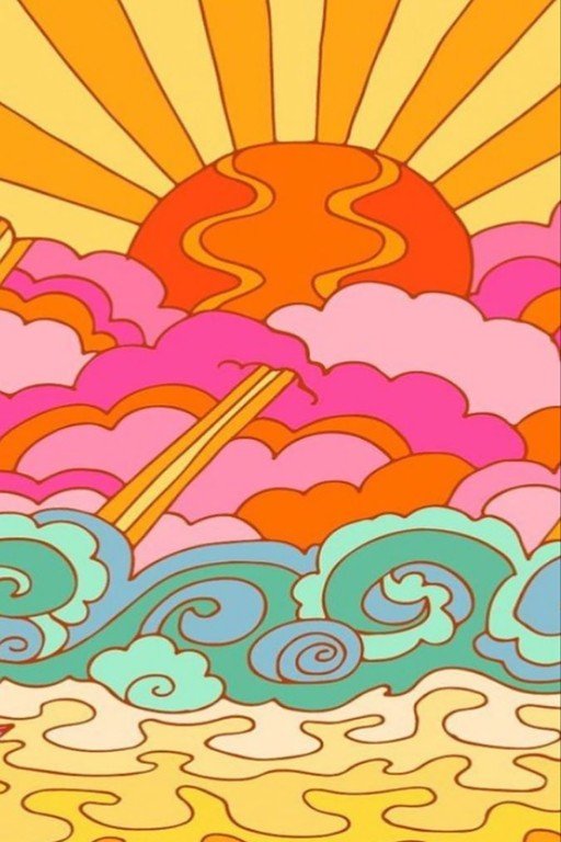 Retro Sunset and Ocean Waves Illustration