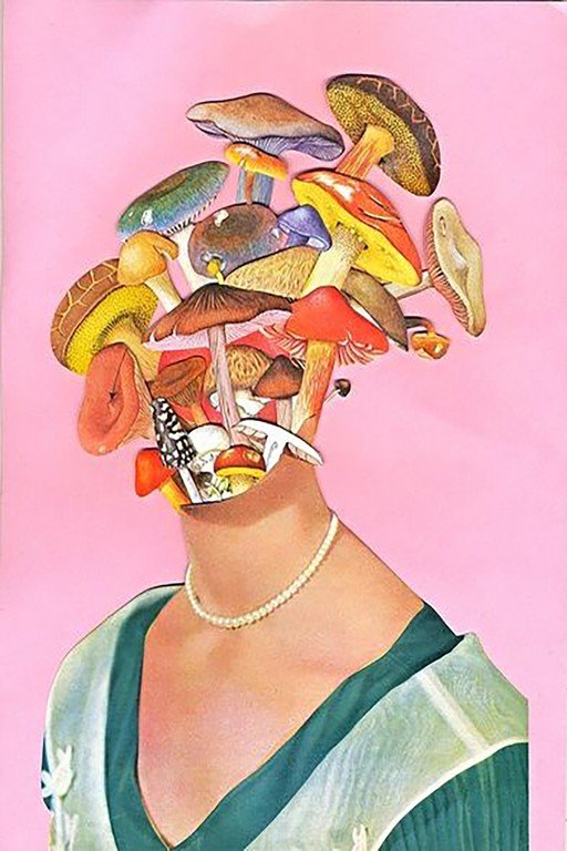 Surreal Mushroom Head Portrait with Pearl Necklace