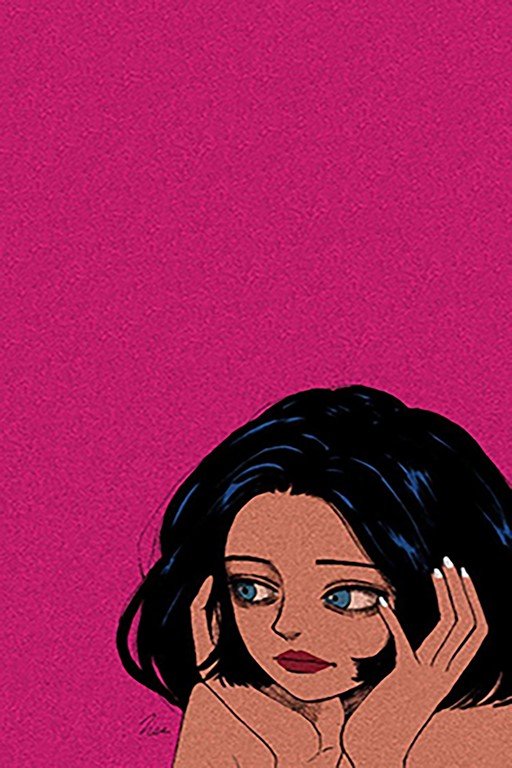 Woman with Blue Eyes and Black Hair on Pink Background