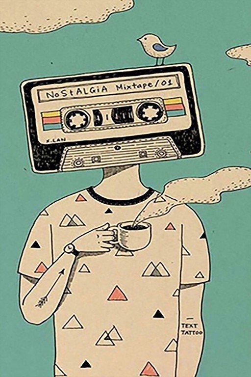 Cassette Tape Head Man with Coffee and Bird
