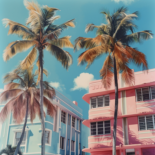 Art Deco Hotels and Palm Trees Under a Blue Sky