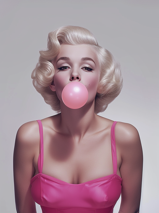 Blonde Woman Blowing Pink Bubble Gum