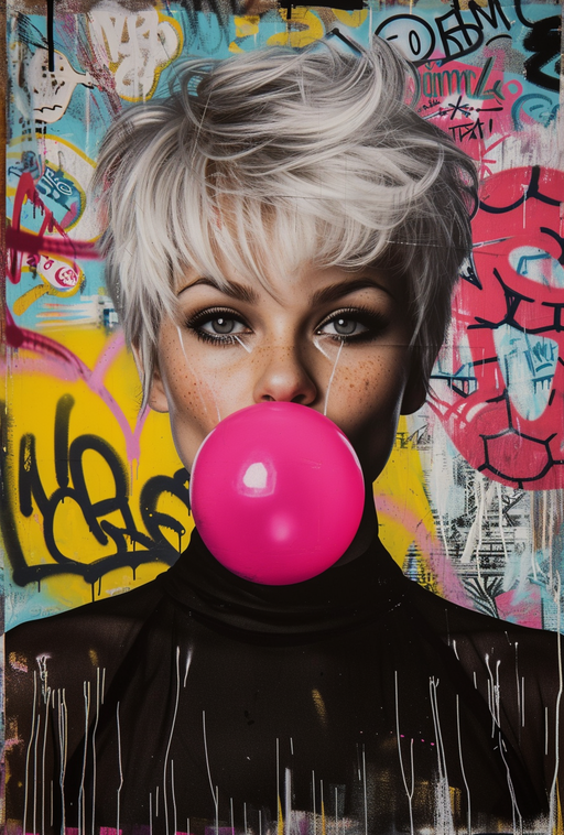 Woman Blowing Pink Bubblegum Against Graffiti Wall