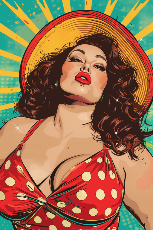Glamorous Woman in Polka Dot Bikini and Sun Hat