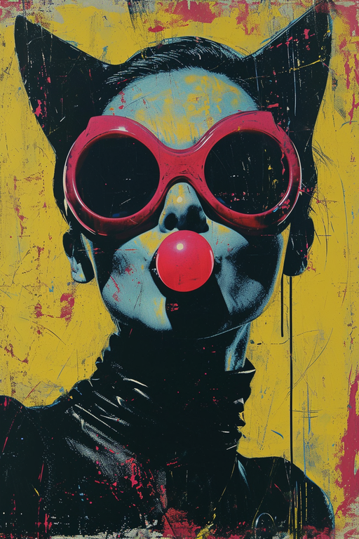 Pop Art Portrait of a Woman with Cat Ears and Red Goggles