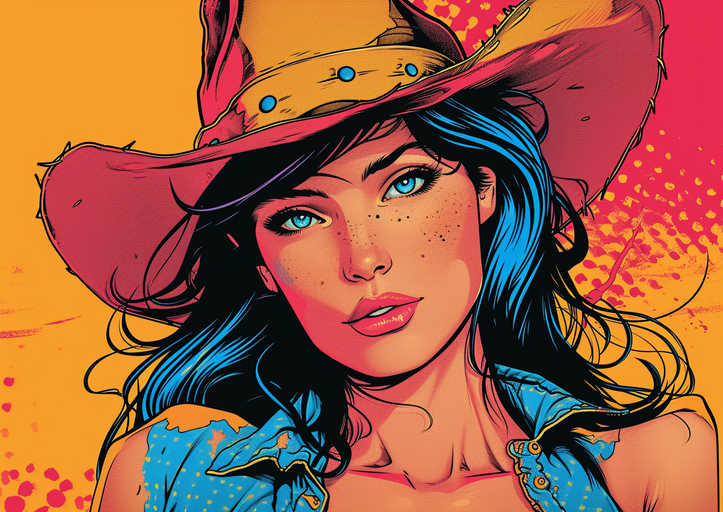 Comic Book Cowgirl with Blue Hair and Cowboy Hat