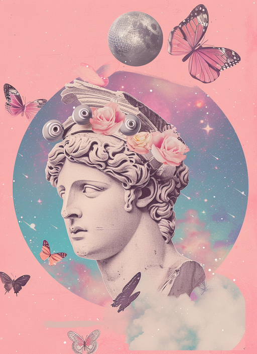 Surreal Sculpture with Butterflies and Cosmic Elements