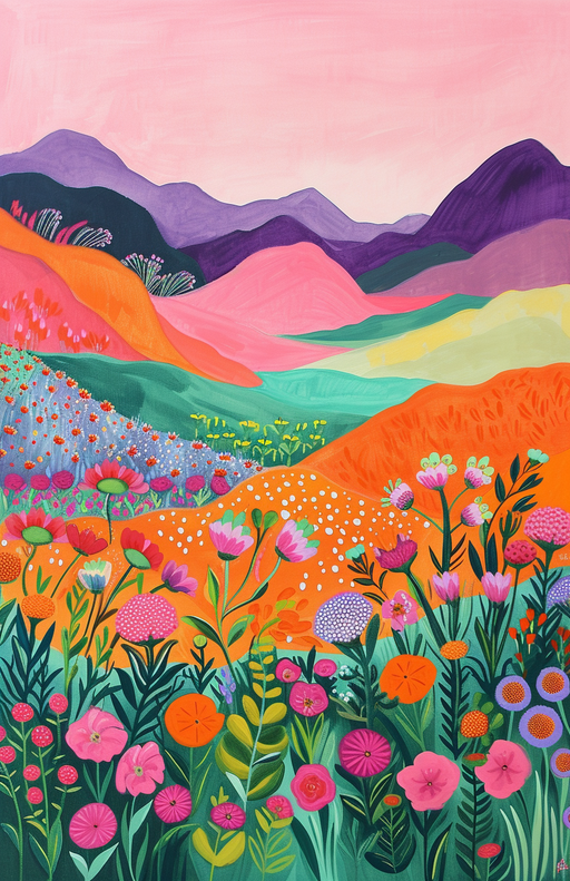 Vibrant Abstract Landscape Painting of Rolling Hills and Flowers