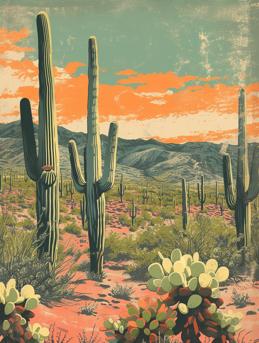 Vintage Desert Landscape with Saguaro Cacti