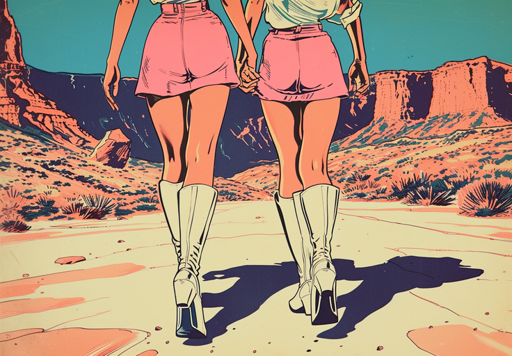 Two Women in Pink Skirts and White Boots in Desert Landscape