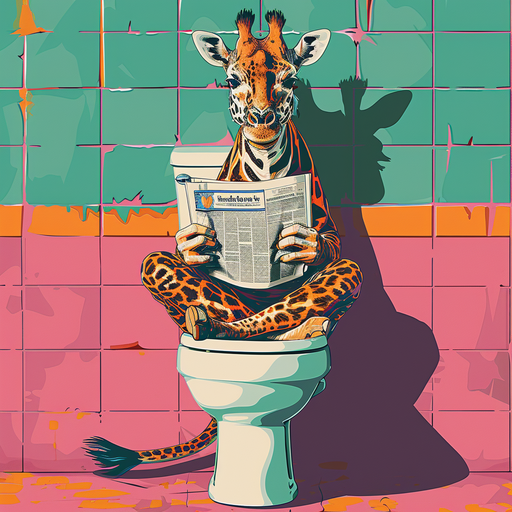 Giraffe Reading Newspaper on Toilet