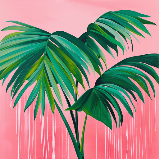 Vibrant Palm Fronds on Pink Background with Drips