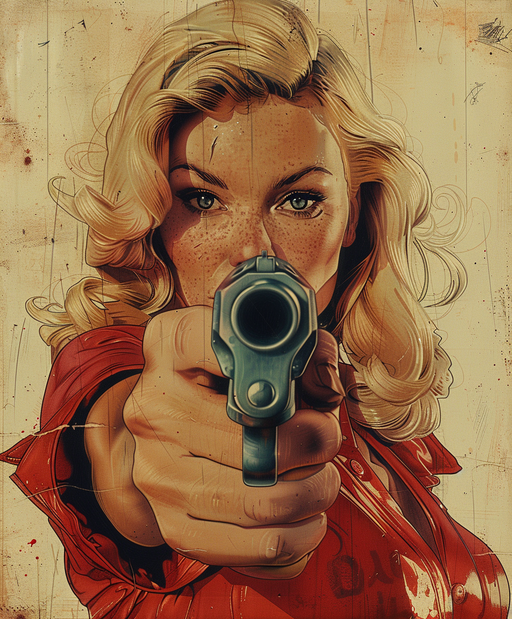 Woman with Gun Aiming at Viewer