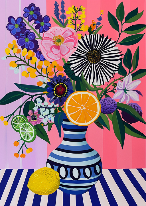 Vibrant Floral and Citrus Still Life in Striped Vase