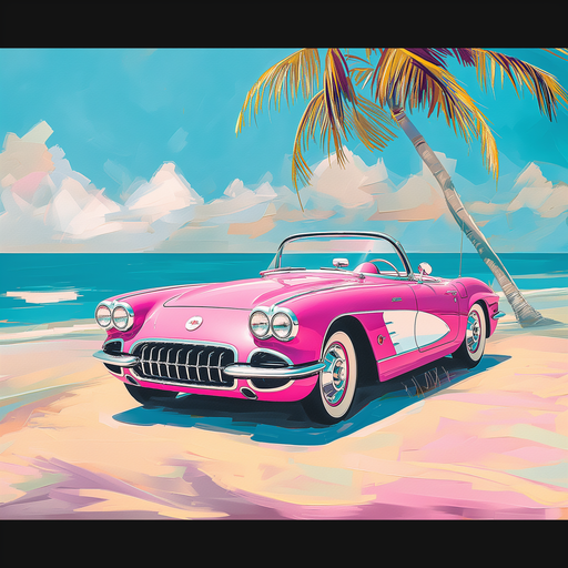 Pink Convertible Corvette on a Tropical Beach