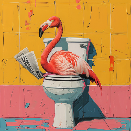Flamingo Reads Newspaper on Toilet in Surreal Bathroom