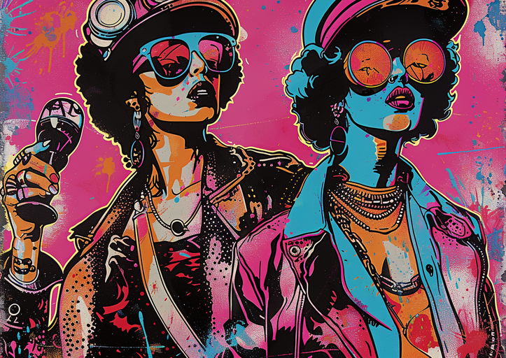 Two Women in Sunglasses and Hats with Microphones