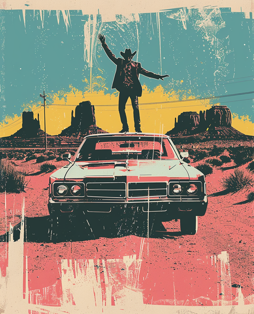 Cowboy on Car in Desert Landscape