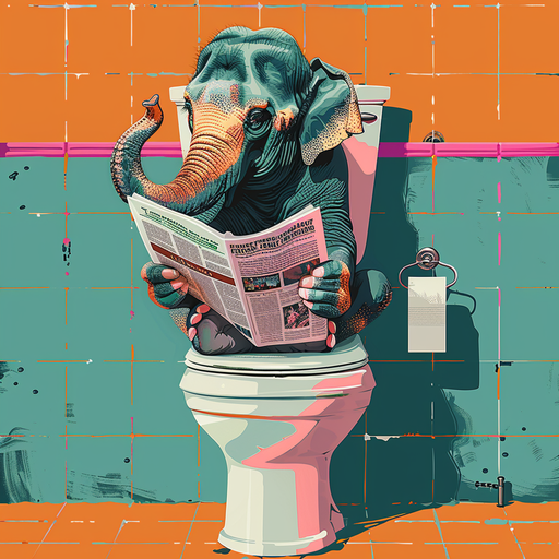 Elephant Reading Newspaper on Toilet