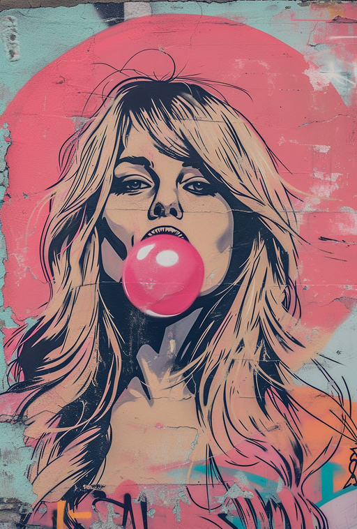 Graffiti of a Woman Blowing a Pink Bubble Gum