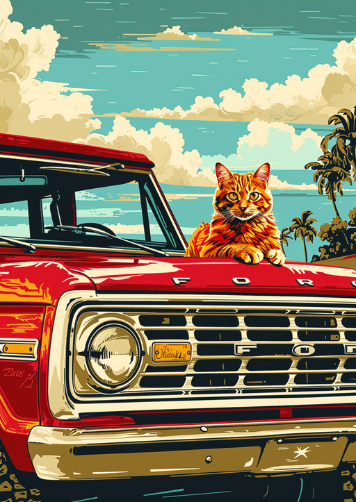 Cat on Ford Truck Hood with Tropical Background