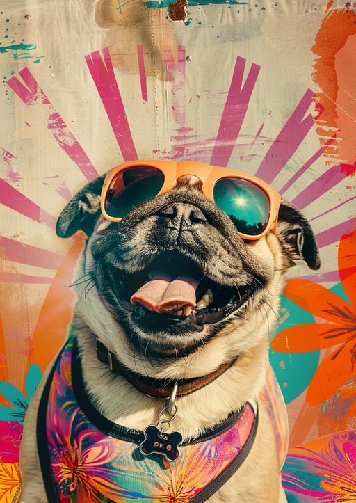 Happy Pug Wearing Sunglasses with Colorful Abstract Background