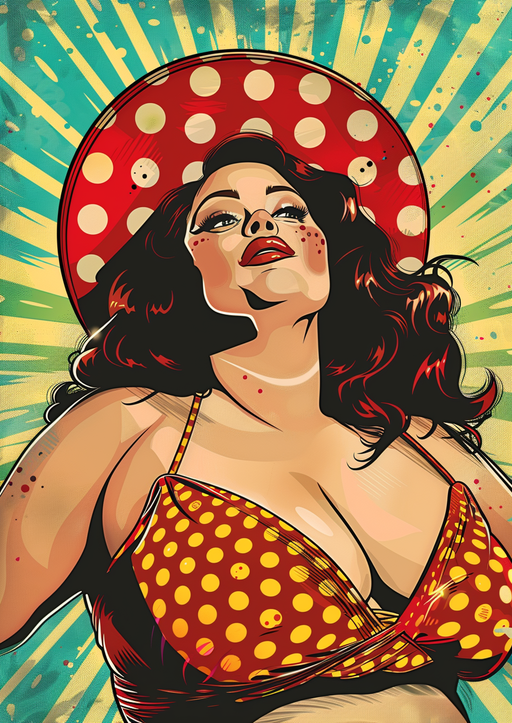 Retro Pin-Up Woman in Polka Dot Bikini and Hat