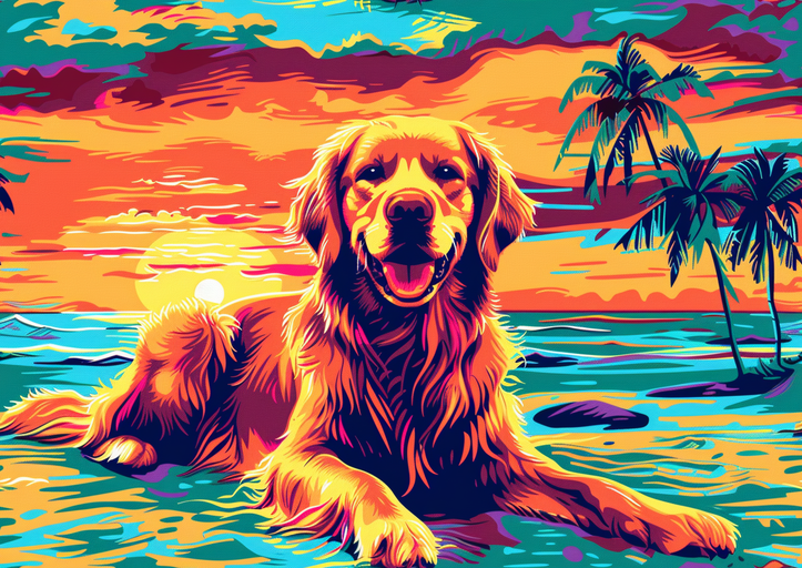 Golden Retriever on Tropical Beach at Sunset