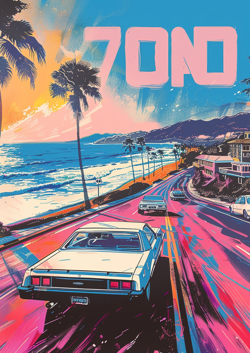 Retro 70s Coastal Drive with Vintage Cars