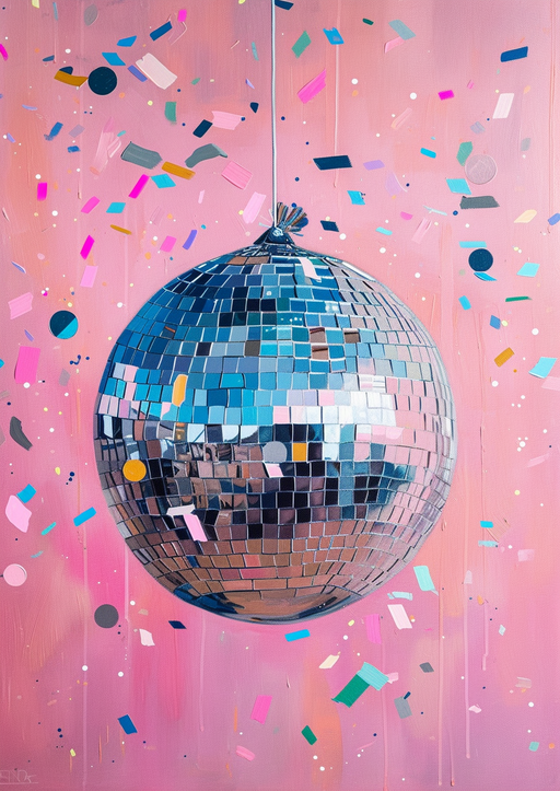 Disco Ball with Confetti on Pink Background