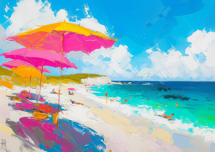 Vibrant Beach Scene with Colorful Umbrellas and Turquoise Waters