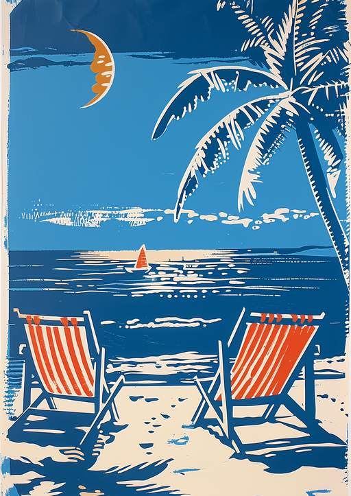 Tropical Beach Scene with Deck Chairs and Palm Tree