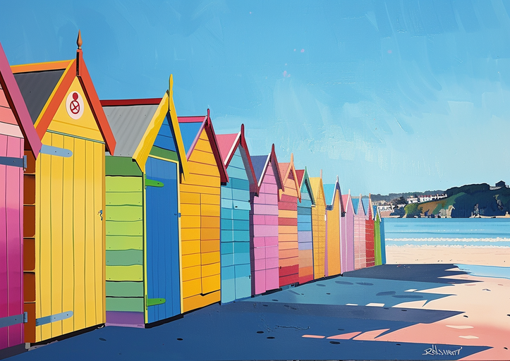 Vibrant Beach Huts in a Row Under a Bright Blue Sky