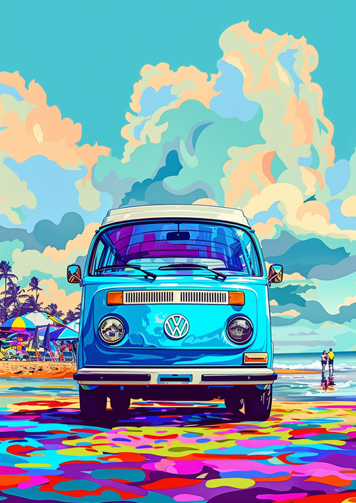 Retro Blue VW Van on a Colorful Beach