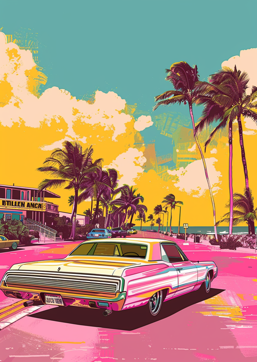 Retro Miami Vice Car Driving on Coastal Road