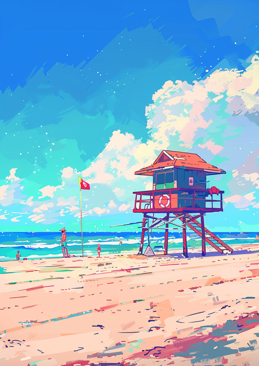 Vibrant Beach Scene with Lifeguard Tower and Ocean