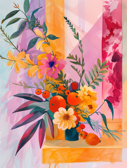 Vibrant Watercolor Still Life of Flowers and Fruit