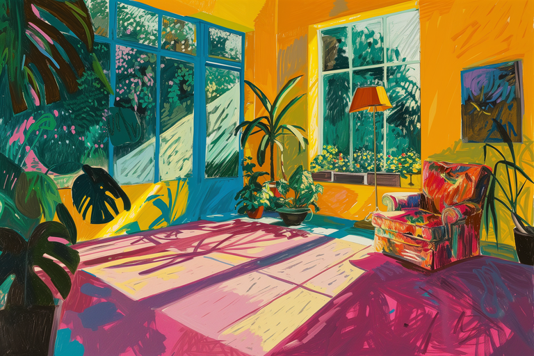 Vibrant Sunlit Room with Lush Greenery and Armchair
