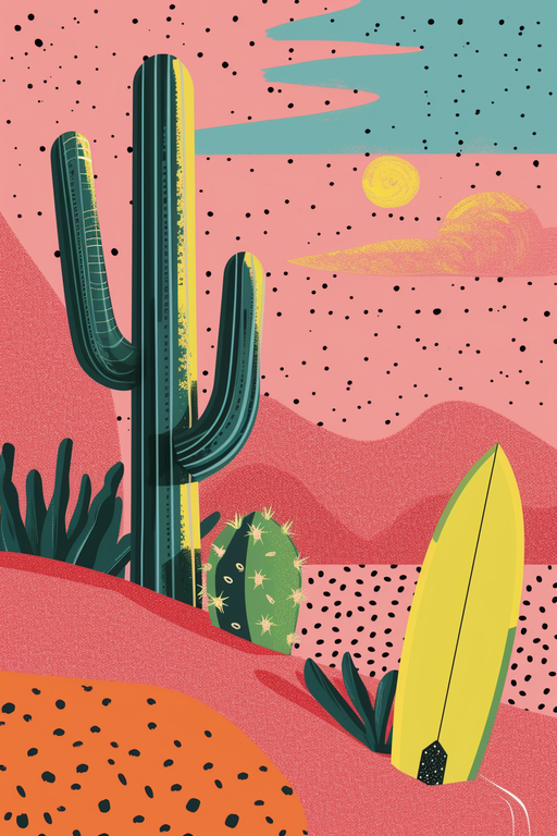 Desert Surfboard and Cactus Landscape