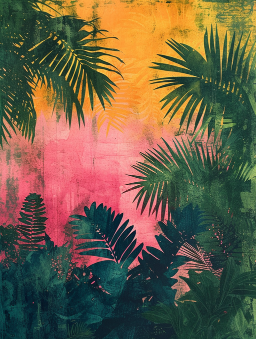 Vibrant Tropical Jungle with Palm Leaves and Textured Background